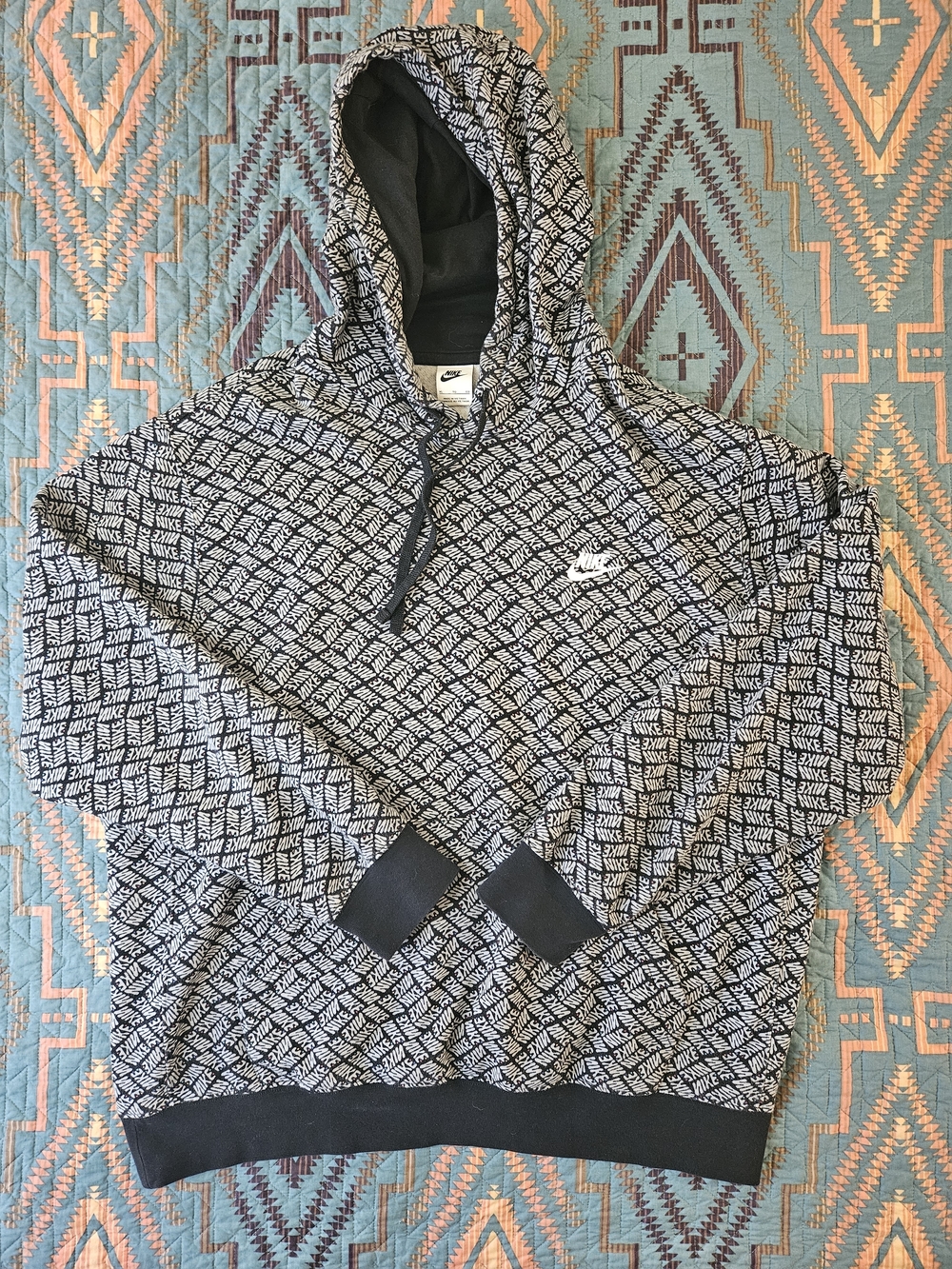 Nike Black‎ & White Logo-Pattern Hoodie with Multicolor Speckle
